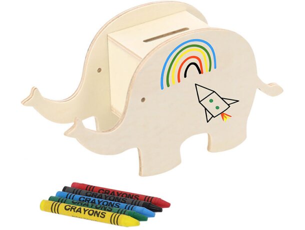 Hucha infantil de madera natural con ceras de colores Yilmax detalle 2