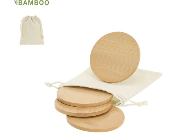 Set posavasos bambú Elmor sostenible con bolsa algodón detalle 1