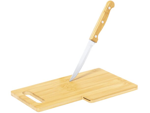 Tabla de madera promocional con cuchillo a juego de bambú Seslat detalle 2