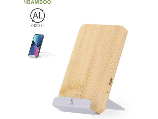 Cargador inalámbrico Dimitry bambú y aluminio reciclado 15W detalle 1