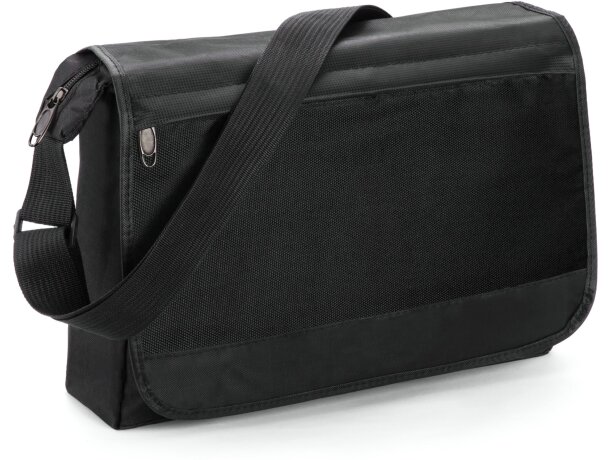 Bandolera de poliéster con bolsillo exterior negra grabado