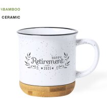 Taza cerámica moteada blanca con grabado base bambú