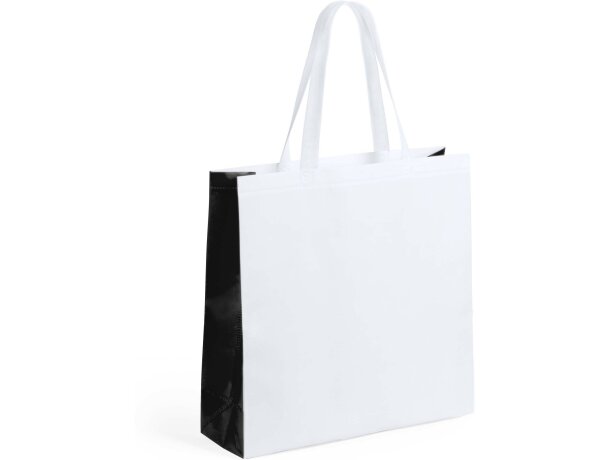 Bolsa de no tejido laminado blanco y lateral de color negra Bolsa de no tejido laminado blanco y lateral de color negra