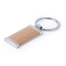 Llavero metálico redondo rectangular con placa de madera natural