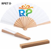 Abanico publicitario madera RPET reciclado blanco sostenible 42.5 cm