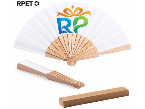 Abanico Woter plegable varillas madera natural tela RPET blanco detalle 1
