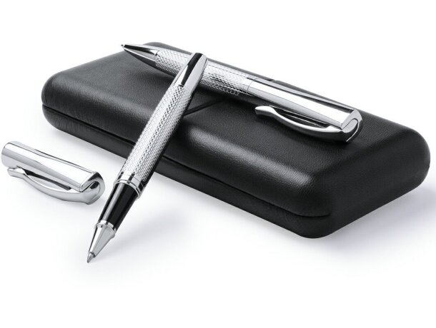 Estuche moderno con roller y bolígrafo plata