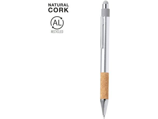 Bolígrafo táctil personalizado de corcho y aluminio reciclado tinta azul Fobox detalle 1