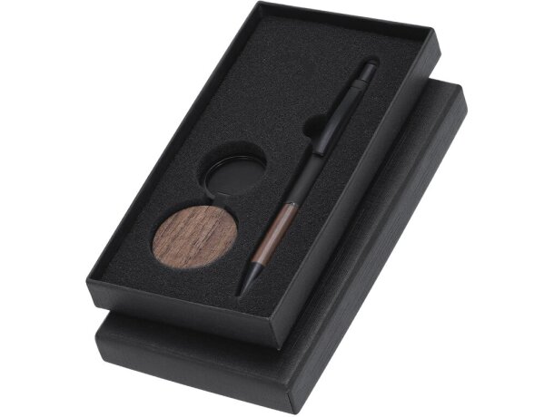 Set Lonlok bolígrafo y llavero metal madera nogal negro mate detalle 1