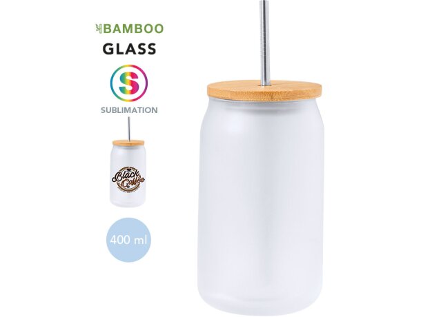 Tarro Fonix cristal mate con tapa bambú 400ml y pajita acero detalle 1