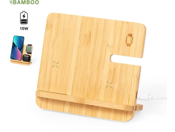 Cargador inalámbrico con logo bambú multicargador Hamsy detalle 1
