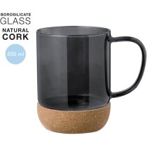 Taza de cristal publicitaria borosilicato base corcho 450ml translúcida