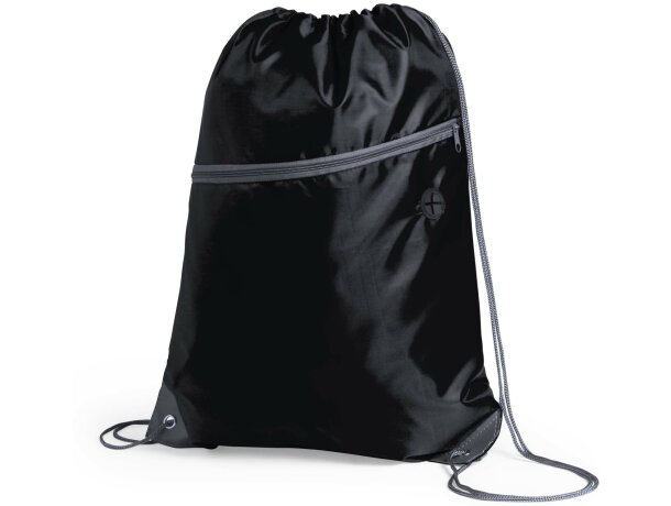 Mochila con cuerdas con cremallera y salida de auriculares negra barata