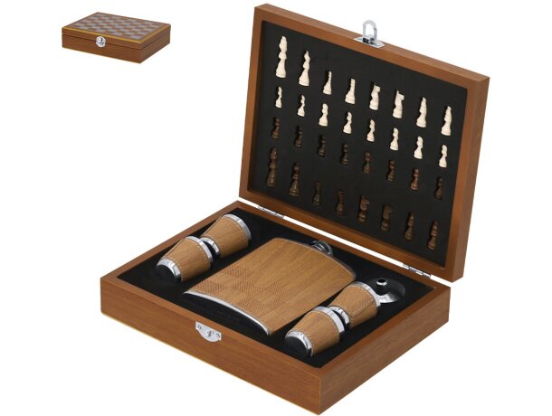 Set petaca Fleet con tablero ajedrez y accesorios acero detalle 1