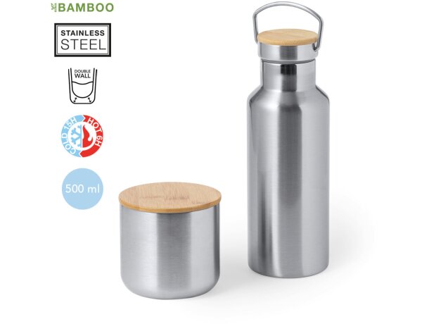 Set de bidón y vaso térmico de acero inoxidable con tapas de bambú Debris detalle 1
