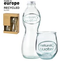 Set de botella y 2 vasos de vidrio reciclado grs en estuche de carton