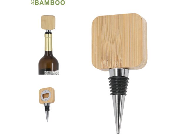 Tapón abridor Pomni de bambú y acero inoxidable con cierre hermético detalle 1