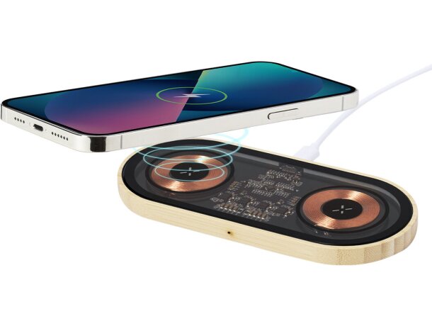 Cargador inalámbrico doble Layerit bambú 15W tecnología Qi detalle 3