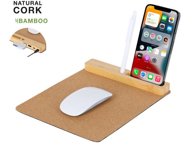 Alfombrilla multifunción Dannax con hub USB y base de bambú detalle 1