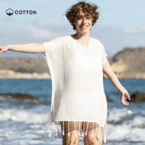 Kaftán playero Roseux algodón blanco con flecos