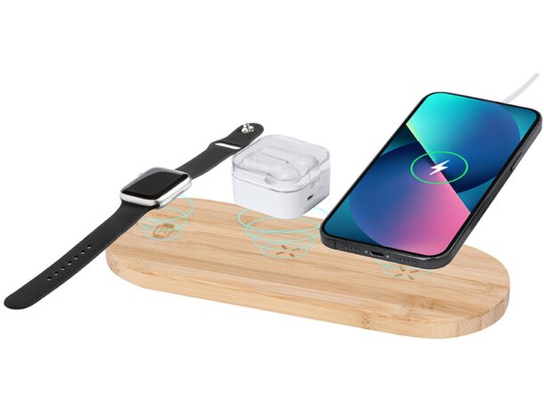Cargador inalámbrico Tigris bambú natural 15W triple carga detalle 3
