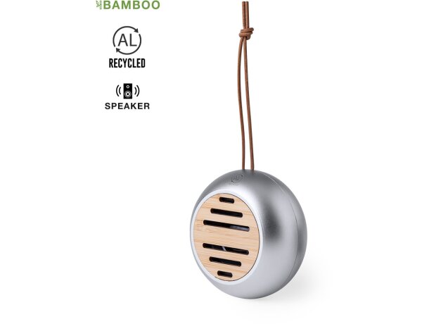 Altavoces promocionales aluminio con detalles en bambú Hiwent detalle 1