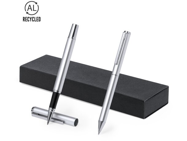 Set bolígrafo y roller para regalar de eco aluminio reciclado tinta azul detalle 1
