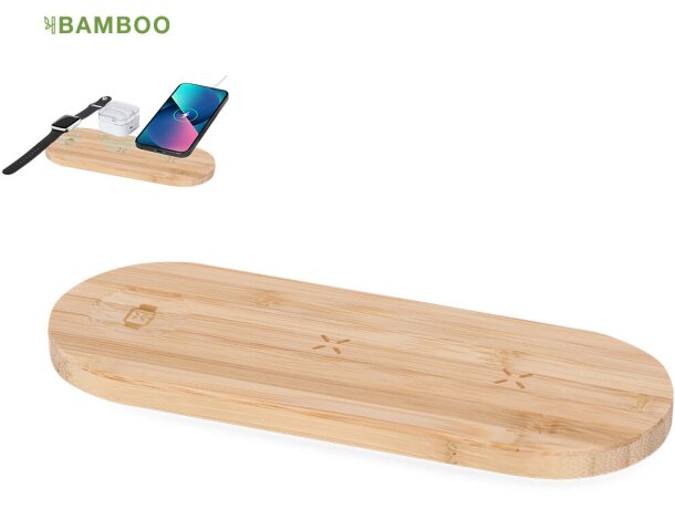 Cargador inalámbrico Tigris bambú natural 15W triple carga detalle 1
