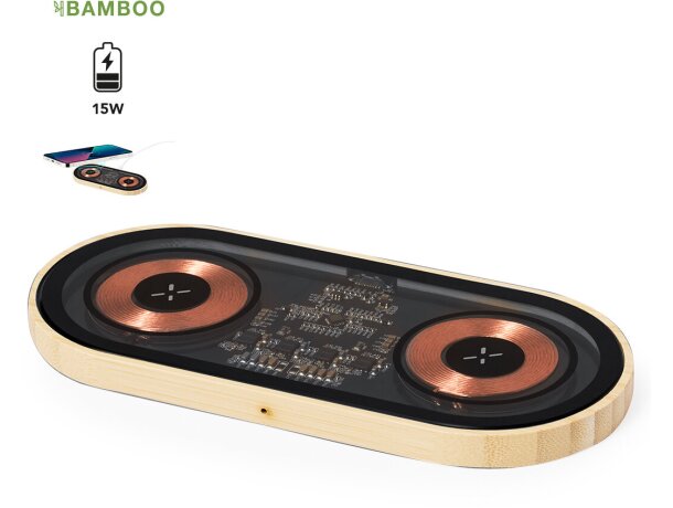 Cargador inalámbrico doble Layerit bambú 15W tecnología Qi detalle 1