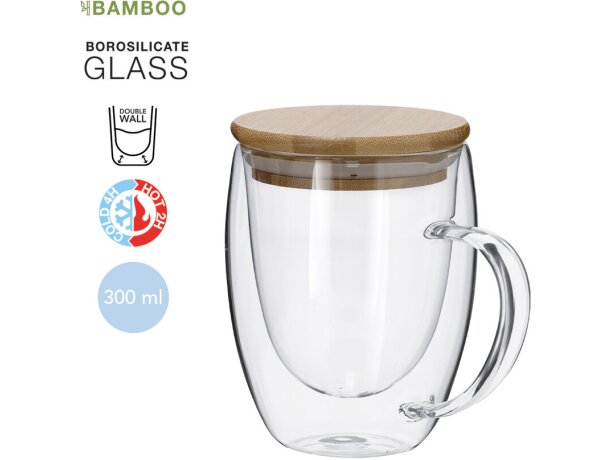 Taza térmica Helmar de cristal borosilicato con tapa de bambú detalle 1