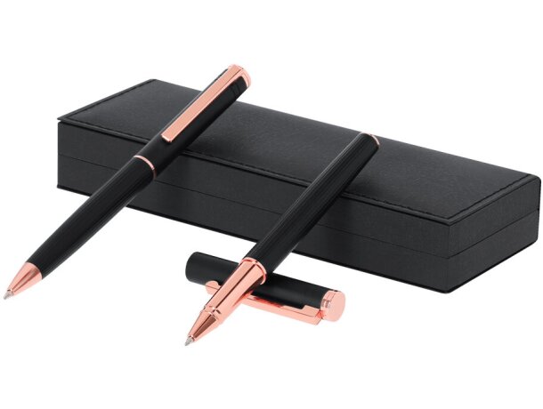 Set Blexa bolígrafo y roller aluminio negro mate oro rosado detalle 1