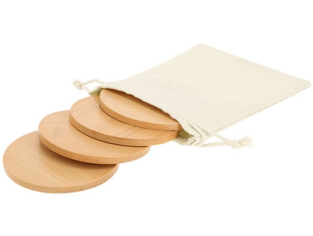 Set posavasos bambú Elmor sostenible con bolsa algodón detalle 2