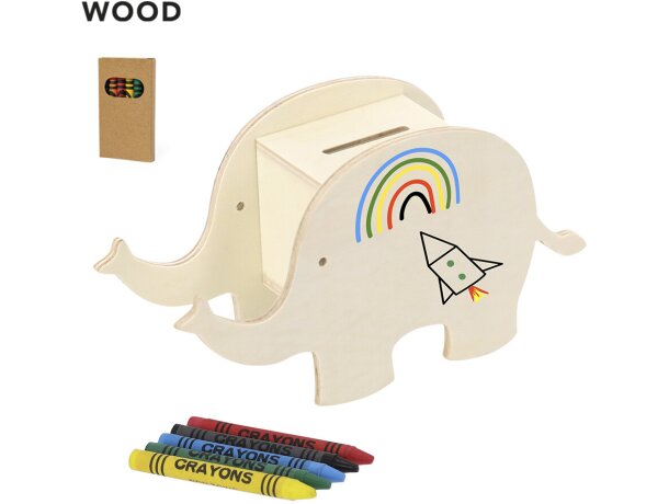 Hucha infantil de madera natural con ceras de colores Yilmax detalle 1