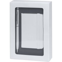 Estuche con bloc y bolígrafo en aluminio blanco barato