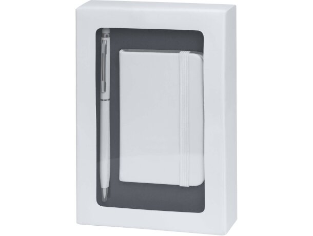 Estuche con bloc y bolígrafo en aluminio blanco barato