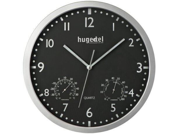 Reloj de pared redondo con termómetro e higrómetro en blanco negro personalizado