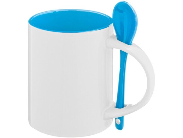 Taza de cerámica lisa con cuchara de color azul personalizada