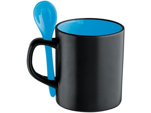 Taza de porcelana negra con cuchara de color azul barata