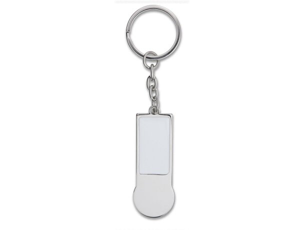 Llavero moneda carro alargado met&aacute;lico con borde cromado