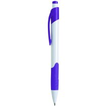 Bolígrafo en plástico blanco con detalles en colores violeta grabado