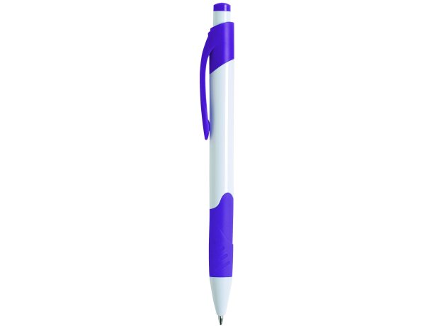 Bolígrafo en plástico blanco con detalles en colores violeta