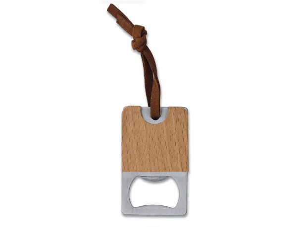 Llavero abridor para merchandising de metal con placas de madera