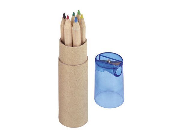 Estuche redondo con lápices de colores y sacapuntas cartón