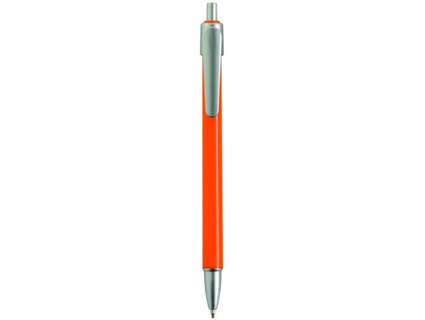 Bolígrafo de plástico en acabados plateados con clip naranja Bolígrafo de plástico en acabados plateados con clip naranja