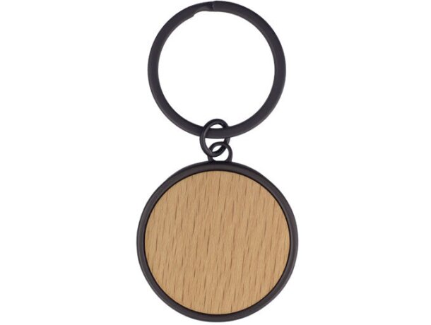 Llavero met&aacute;lico redondo acero negro con placa de madera