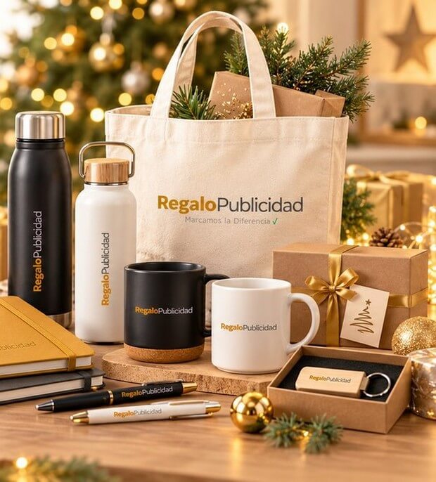 Regalos corporativos junto a decoración navideña: tazas, botellas, libretas y bolsas personalizadas