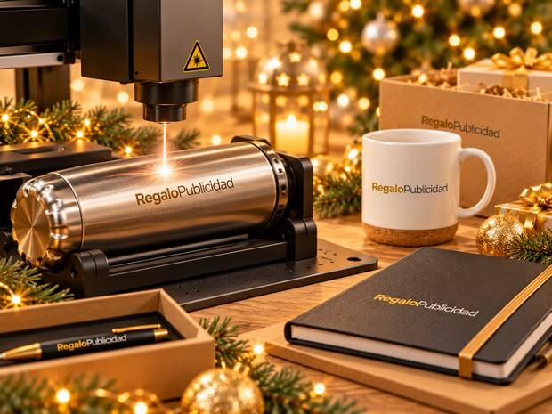 Regalos personalizados de RegaloPublicidad presentados con decoración navideña